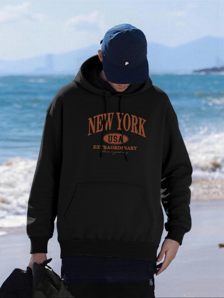 New York Usa Art Letter Printing Men Hoodie Fleece Soft Hoody Casual Multicolor Pullover Male Comfortable Loose Streetwear
