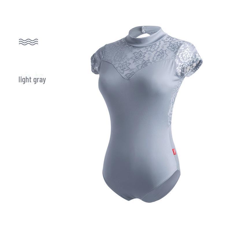Взрослый балетный танцевальный костюм - кружевной комбинезон со стойкой и воротником для занятий гимнастикой и художественными тренировками