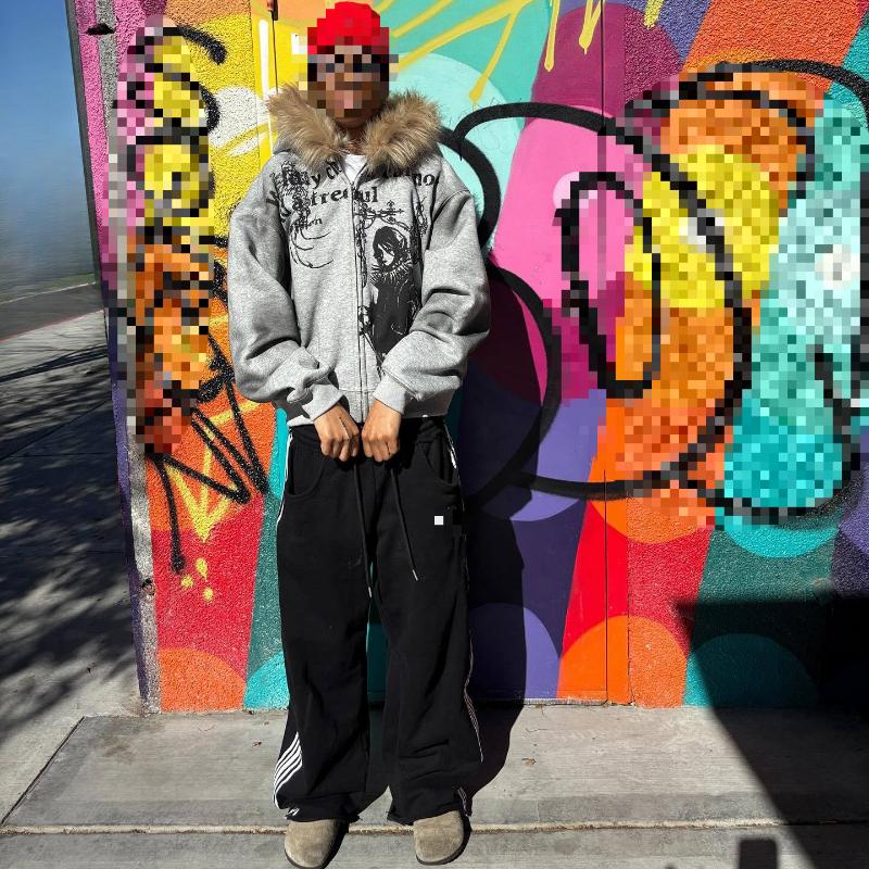 Европейская и американская осень и зима однотонная повседневная личность граффити принт плюшевая шляпа поля тренд женская мода толстовка с капюшоном