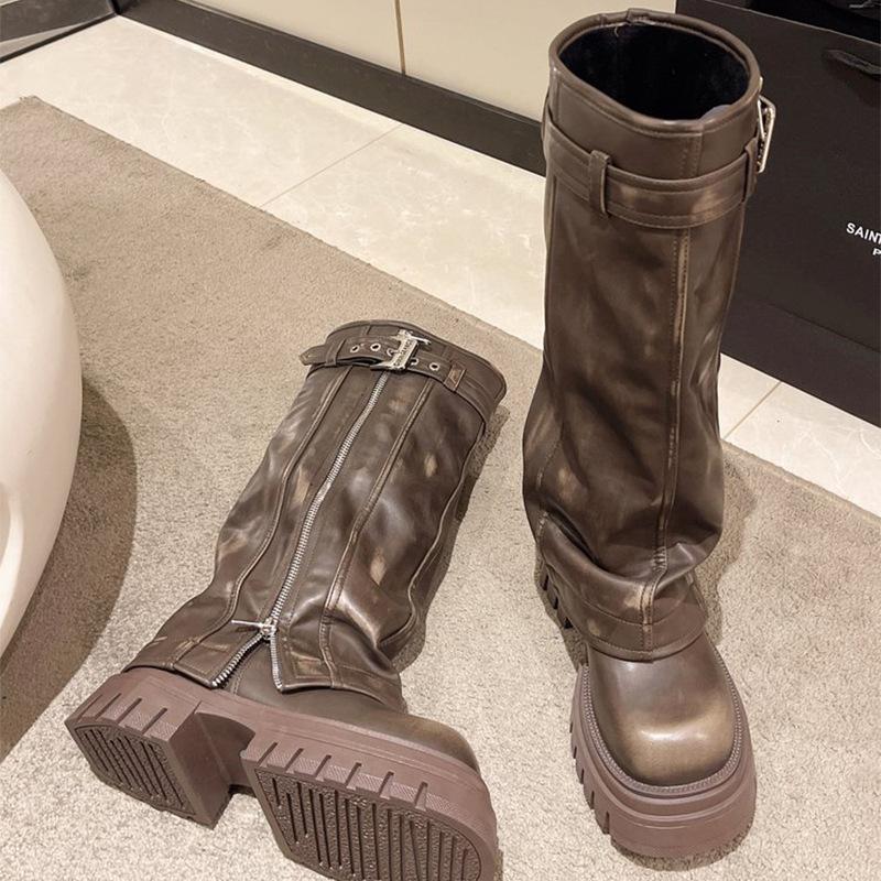 2024 New Brand Desinger Women Mid Calf Boots Chunky Platform Punk Motorcycle Long Booties Goth Street Cool Shoes for Women