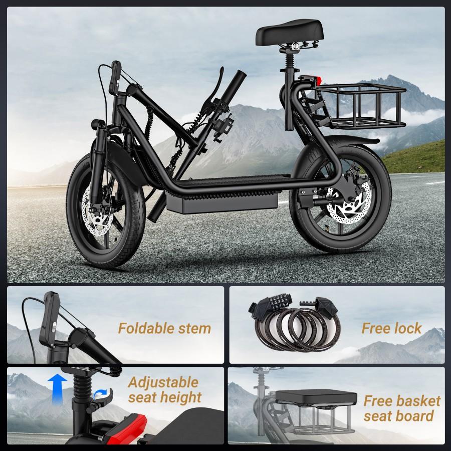 Adult Commuter Electric Scooter with Seat Rear Basket 48V Battery 500W Motor Foldable Frame
