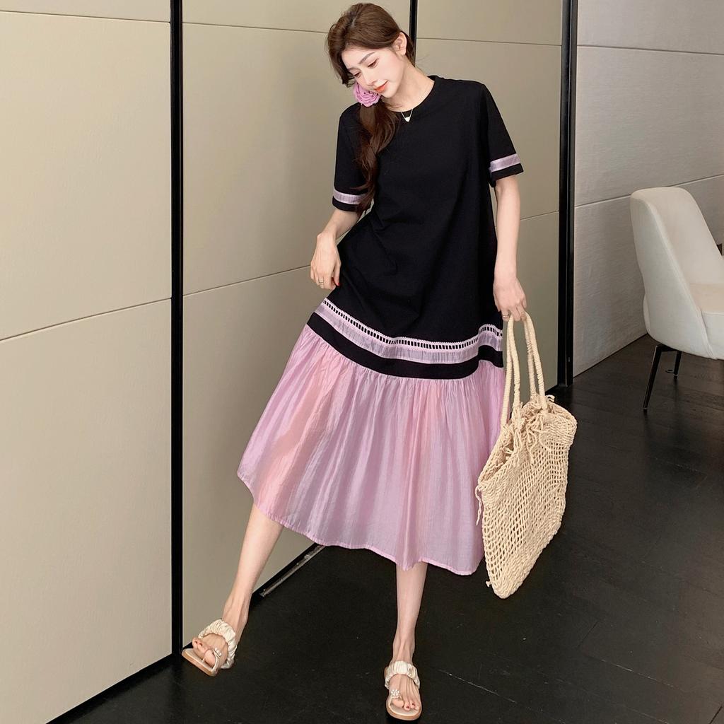 DIMANAF 2025 Летнее платье больших размеров для женщин Повседневное винтажное плиссированное длинное платье с коротким рукавом Свободное базовое платье