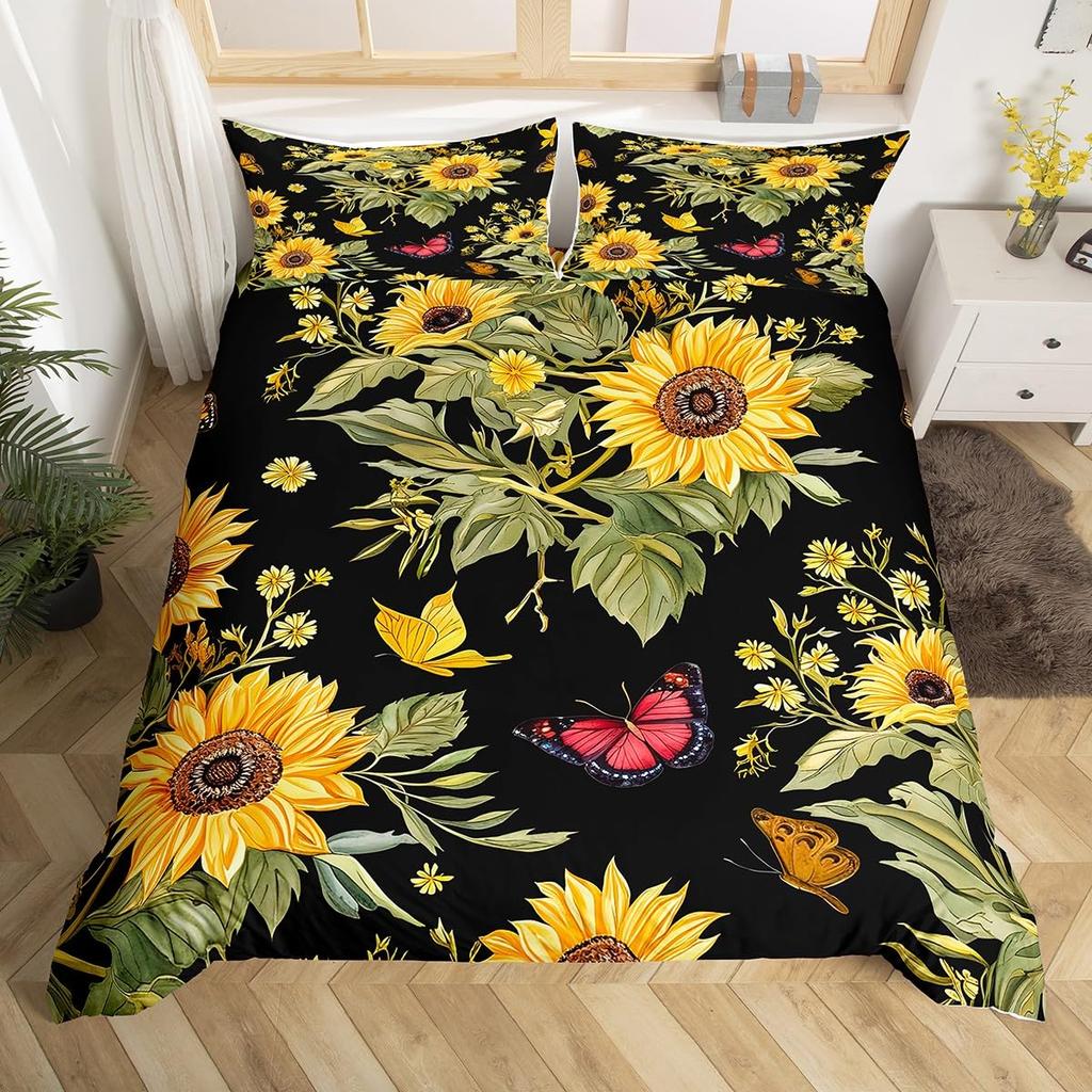 Sunflower Duvet Cover Twin Queen Yellow Flowers Bedding Set Botanical Floral Quilt Cover Garden Bloom Bedding with 2 Pillowcase