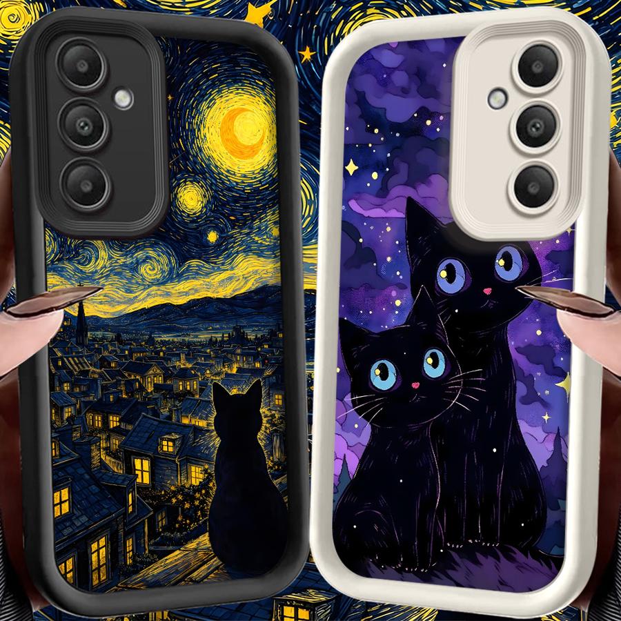 Черный Чехол-Бампер 'Ночная Звезда Кошка' для Samsung Galaxy S26 Ultra S25 S23 FE S22 S25 Edge S21 S24Ultra S20FE S24 Plus