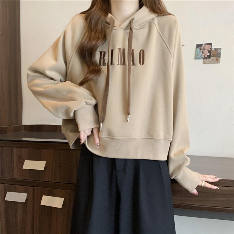 Real shot velvet short hooded sweater women's autumn and winter new loose embroidered long-sleeved top coat