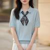 Новая футболка с коротким рукавом, легкая и стильная, шарф-веер с бантом, воротник-поло, вязаная рубашка с коротким рукавом для женщин