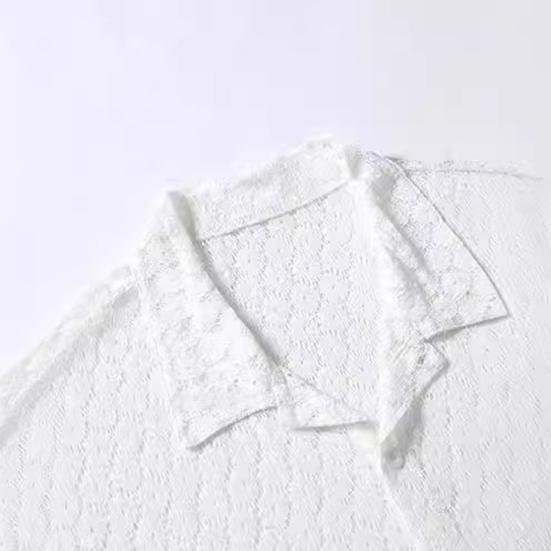 Летняя мужская рубашка Полый прозрачный кружевной цветочный узор с отложным воротником с короткими рукавами Однобортный кардиган средней длины Пляжный топ для отдыха