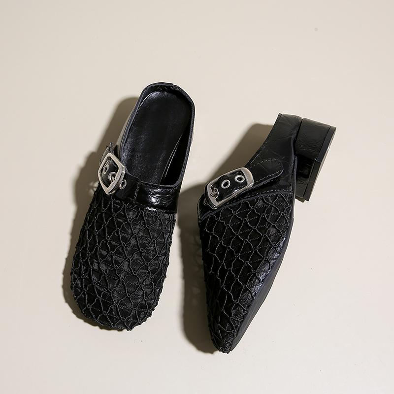 Мода Мода Баотоу Тапочки Лето Новые Круглый Носок Сетчатая Ткань Металлическая Пряжка Противоскользящие Износостойкие Обувь на Каблуке