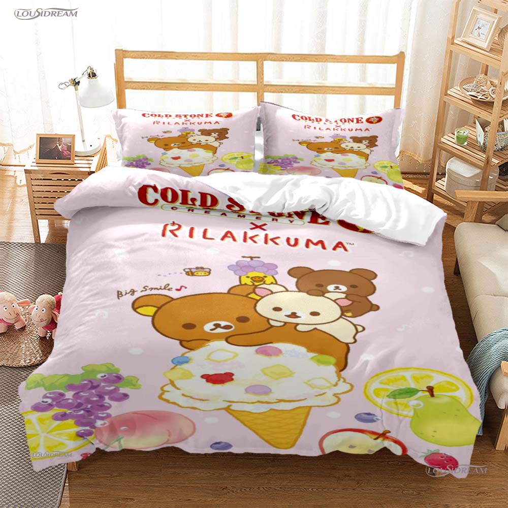Мультяшный медведь Рилаккума Аниме Всесезонное постельное белье kawaii Комплект постельного белья Мягкое покрывало и наволочки Односпальное/Двуспальное/Queen/King