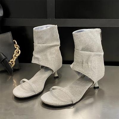 Eilyken Высококачественные джинсовые женские ботильоны с открытым носком, дизайнерские плиссированные на тонком низком каблуке, на молнии