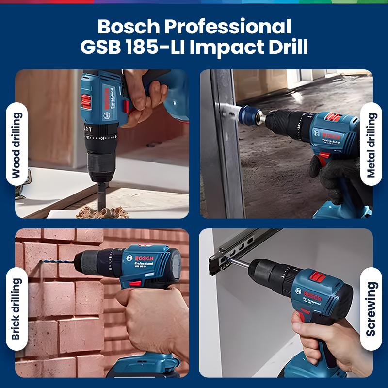 Bosch GSB 185 LI Electric Drill Профессиональная литий-ионная ударная дрель 18 В может предупреждать о низком заряде аккумулятора и неисправностях инструмента.
