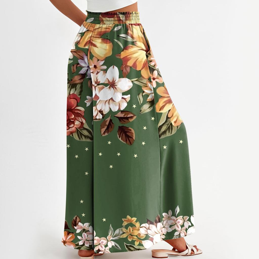 Женские широкие брюки с высокой талией, летние повседневные струящиеся брюки-палаццо, пляжные брюки с цветочным принтом и карманом