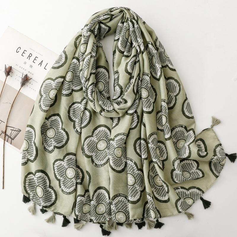 Viscose Scarf Women Shawl Cotton Linen Feeling Tassels Four-Leaf Clover Pattern Muslim Hijab Wrap Summer Beach Sunscreen