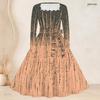 Women Plus Size Square Neck Long Sleeve Blue Pink White Printed A Line Dress With Belt