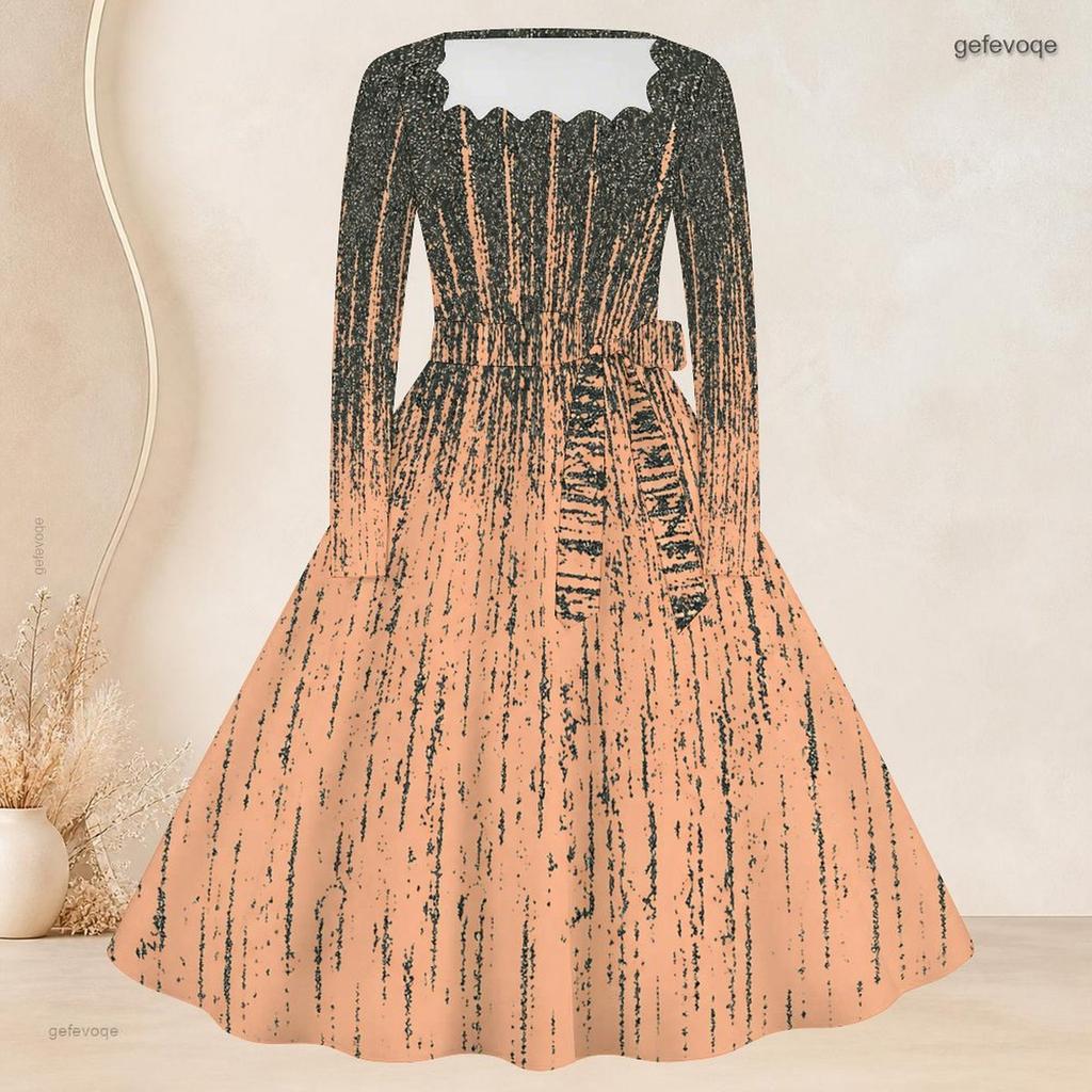 Women Plus Size Square Neck Long Sleeve Blue Pink White Printed A Line Dress With Belt