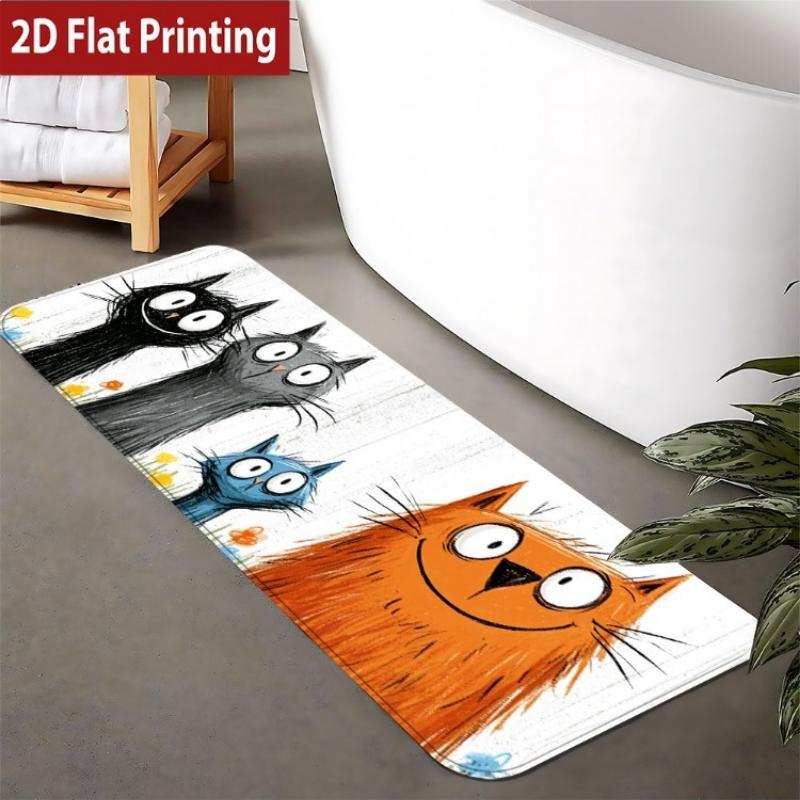 Cute Cartoon Multicolor Cats Print Bath Mat, Non-Slip Washable Durable Runner Rug for Bathroom Kids' Whimsical Home Decor