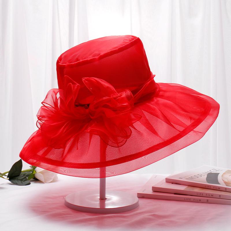Fashion summer organza hat women flower UV protection beach gauze hat sunshade big brim hat