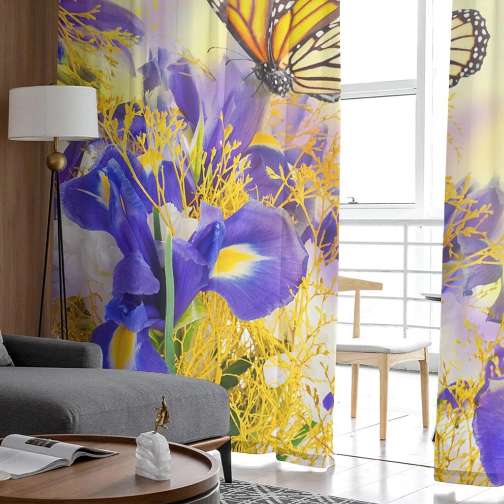 Iris Butterfly Spring Tulle Curtains for Bedroom Hall Living Room Decor Chiffon Curtain for Balcony Kitchen Home Drapes