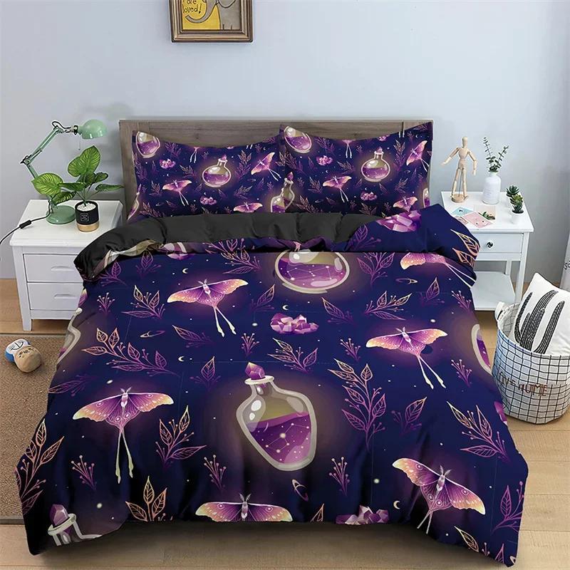Butterfly Bedding Set Full King Size Hippie Boho Moth Duvet Cover Microfiber Animal Botanical Psychedelic Starry Sky Quilt Cover