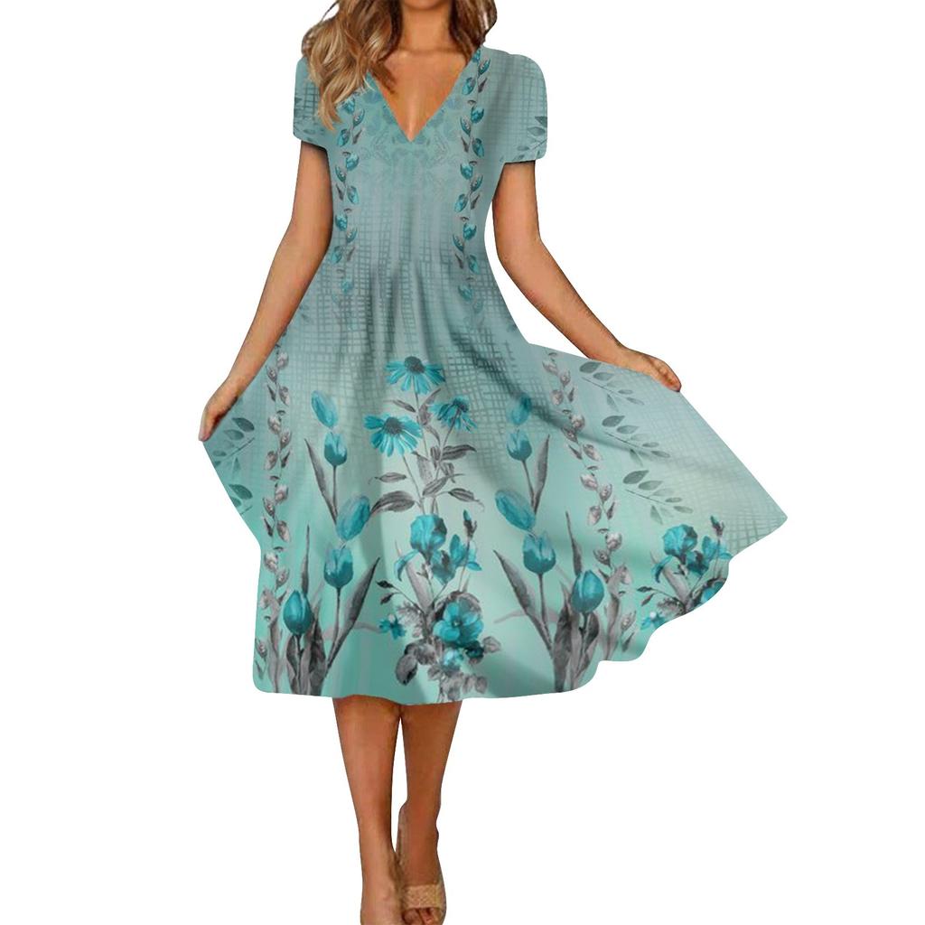 Women's Fashion And All-match Summer Temperament V-neck Printed Short-sleeved Dress