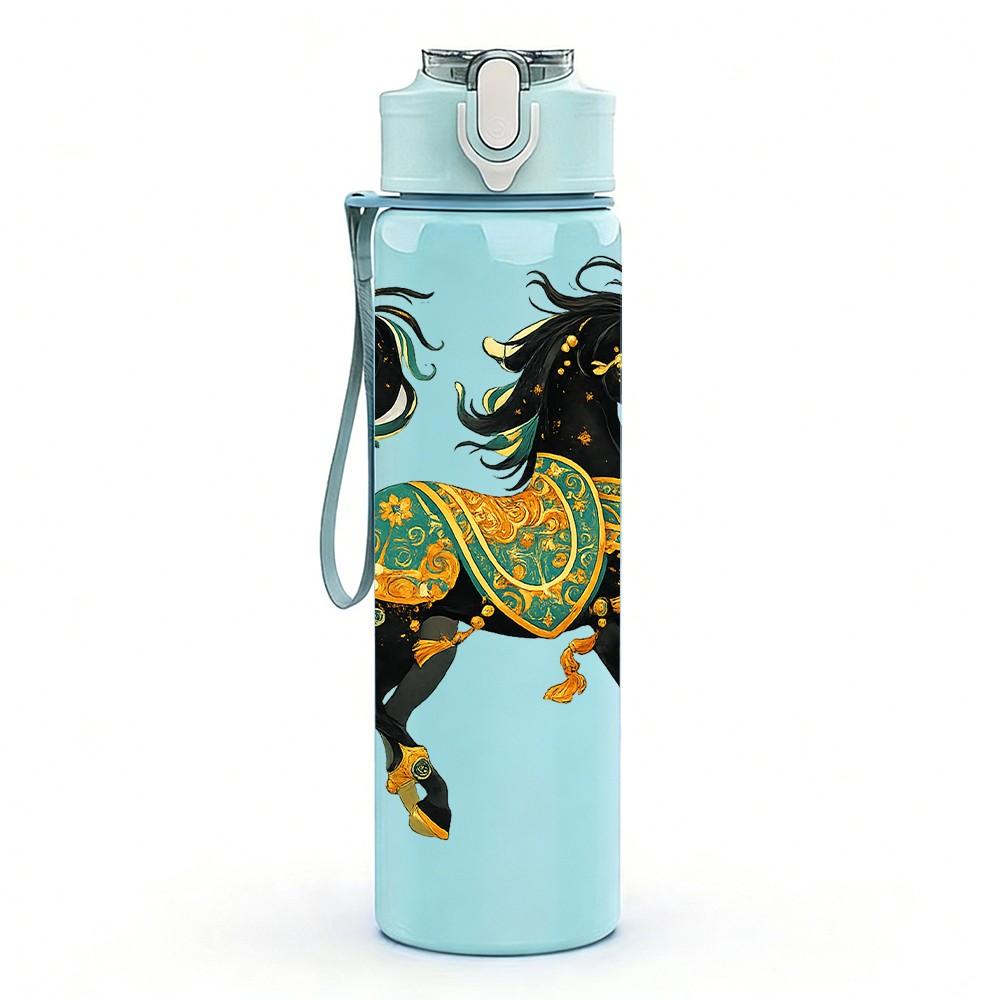 1PC Decorated Folk Horse Art Print 750ml Color Plastic Sports Water Bottle Leakproof Flip Straw Lid Suitable for Sports Office Home Use