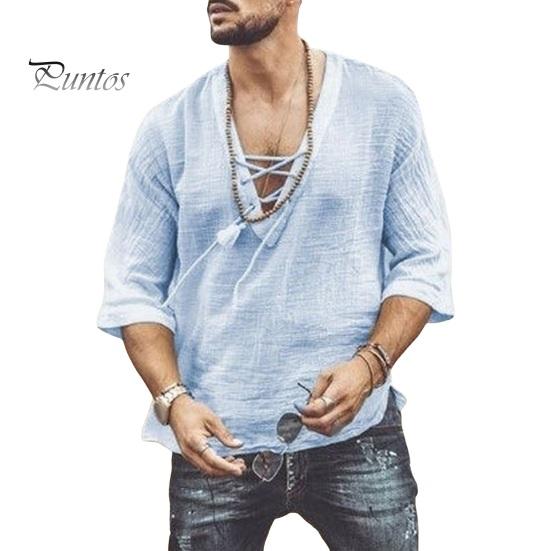 Летняя мужская рубашка на шнуровке с V-образным вырезом и средними рукавами, свободный однотонный пуловер в стиле ретро, ​​повседневная одежда, быстросохнущий тонкий повседневный топ средней длины