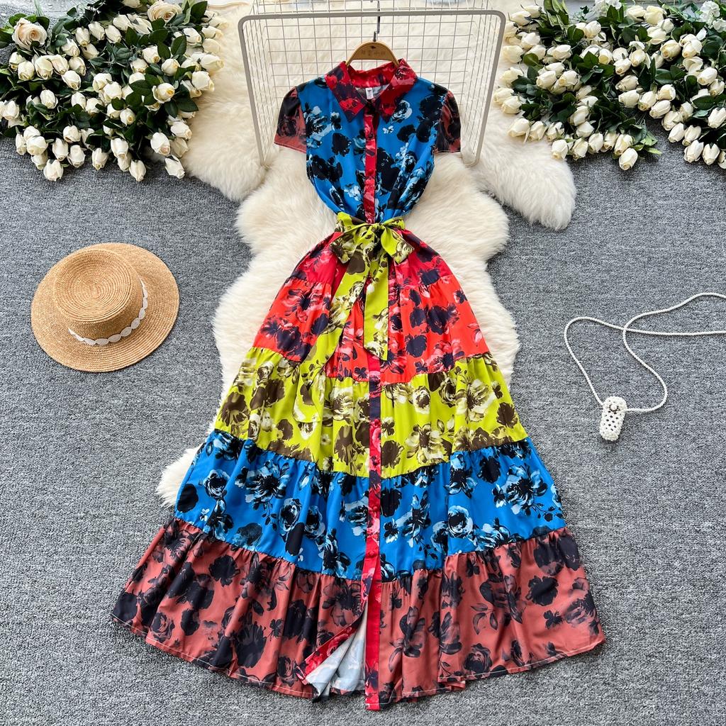 Summer Women Vintage Print Chiffon Turn-down Collar Shirt Single Breasted Holiday Beach Long Maxi Dresses