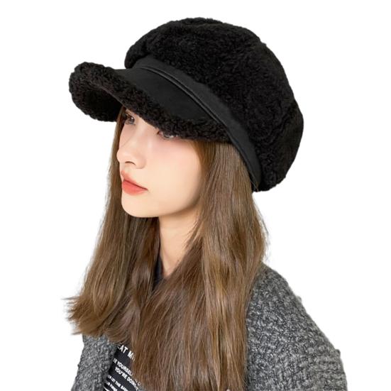 Winter Octagonal Cap Thick Plush Short Brim Contrast Color Keep Warm Peaked Cap Literary Retro Style Headwear for Work Travel Daily Wear