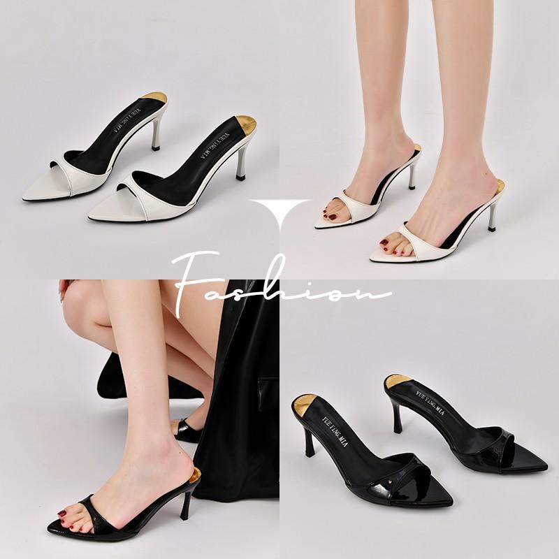 Summer 2025 New Pointed High Heels with Thin Heels Half Slippers Women's Lacquer Leather Bare Color Versatile Simple Sandals