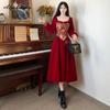 Plus Size Autumn Winter Women Red Velvet Midi Dress Square Collar Jacquard Patchwork Vintage Dress Long Sleeve Elegant Party Dress