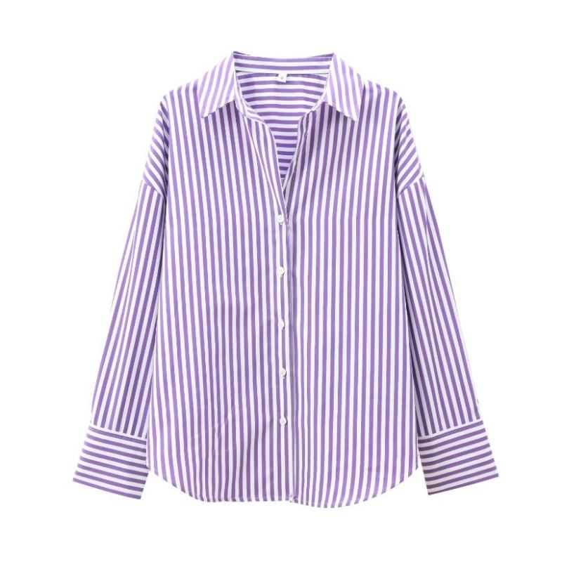 Women S Loose Fit Long Sleeve Collared Striped Casual Shirt