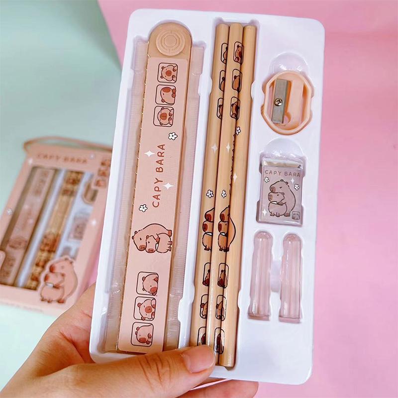 8 в 1 Капибара мультфильм животные карандаш линейка ластик точилка канцелярский набор для школьников офис письменные принадлежности детский подарок