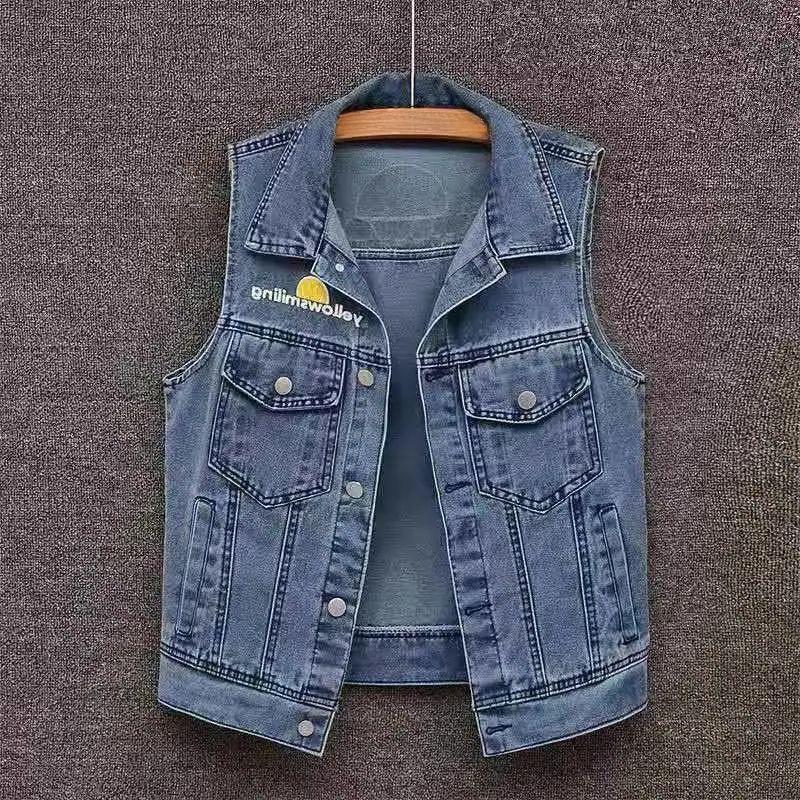 Denim Vest Jacket for Women Spring and Autumn Printed Loose Sleeveless Waistcoat Top