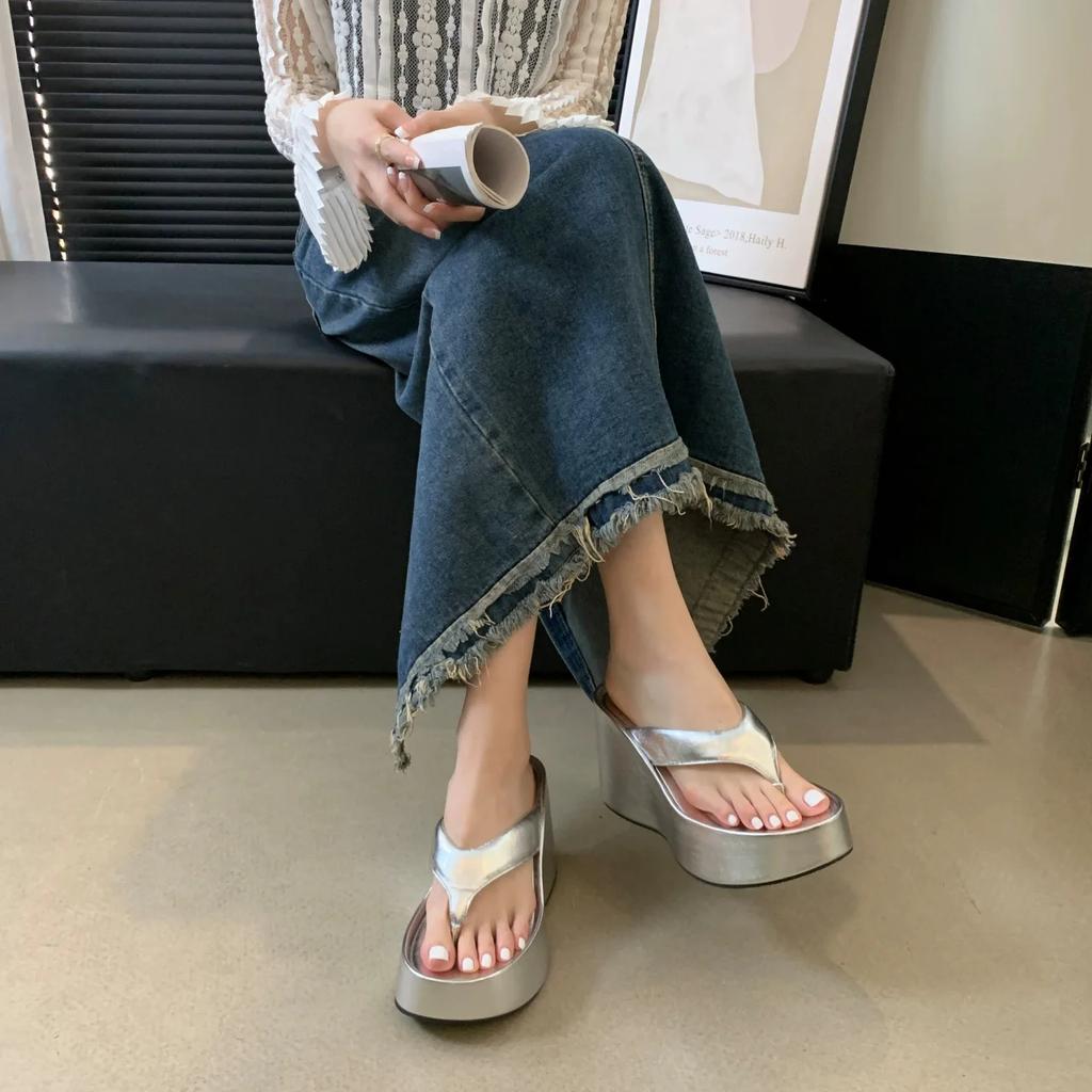 Fashion Women's Clip Toe Super High Heel Wedge Flip Flops New 2024 Summer Chunky Platform Beach Sandals Woman Thick Sole Slippers Slides