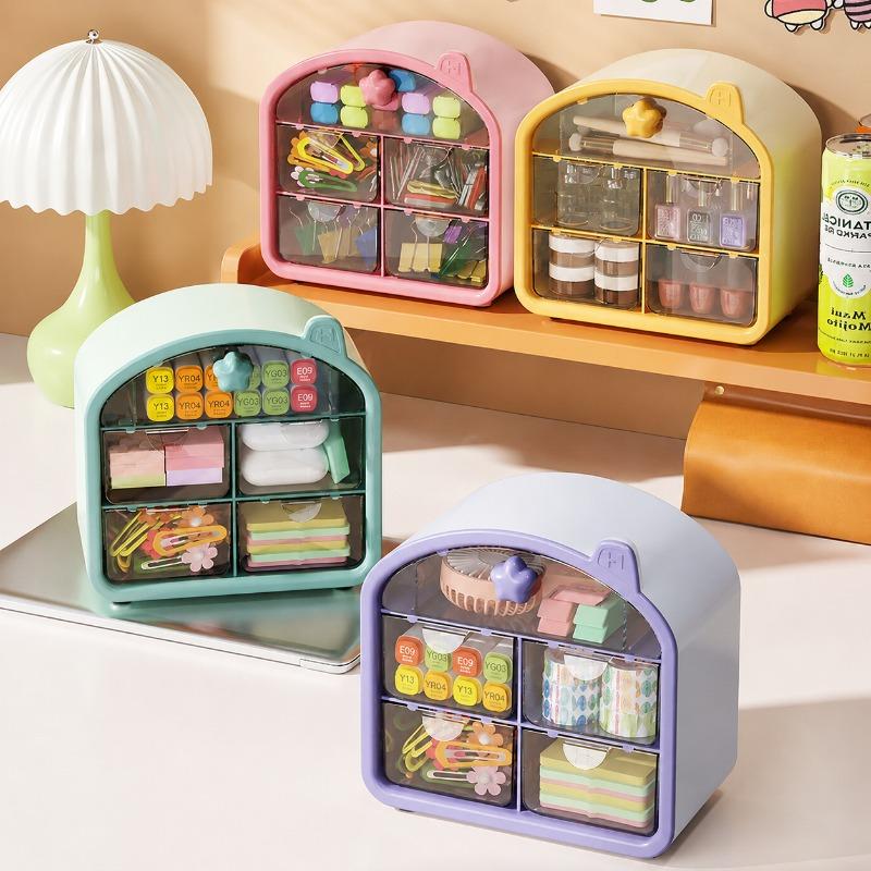 Multifunctional Desk Storage Organizer Box with Drawer, Large Capacity Dustproof Case for Cosmetics Stationery Student Dormitory