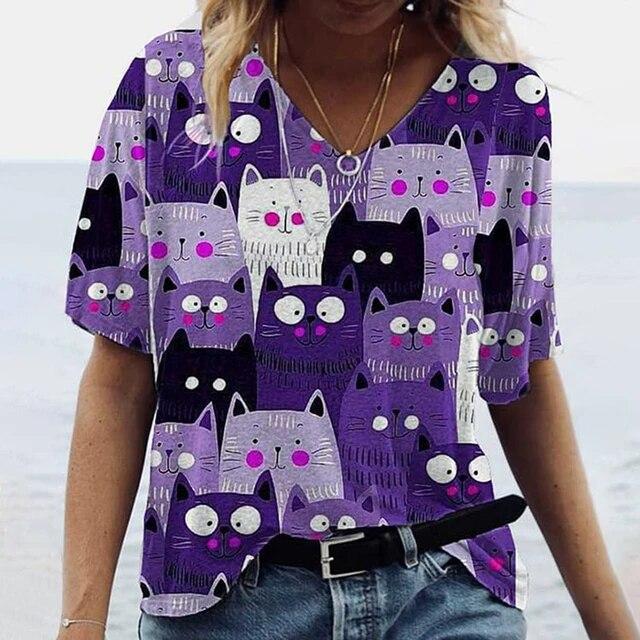 Women's 3d Cats Print T-Shirt Fashion Woman Blouses Funny Kawaii V-Neck T Shirt Female Clothing Oversized Summer Tops Tees KTB