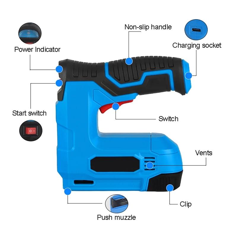 Электрический степлер Lithy-ion CordlessNail Gun Staple Gun Nailer Stepler Furniture DIY Tool Wood Frame Multitool Nail Stepler Gun