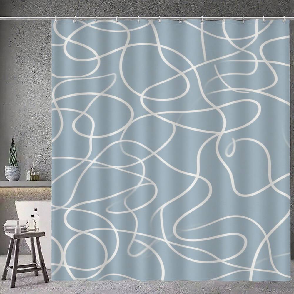 Soft Curvy Line Geometric Minimalist Patterns Shower Curtain, Bathroom Decorative Shower Curtain, Waterproof Curtain With Hooks