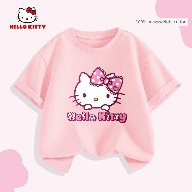 Детская футболка с коротким рукавом Hello Kitty Лето 2026 Новая универсальная розовая детская футболка Модный тренд лета для девочек