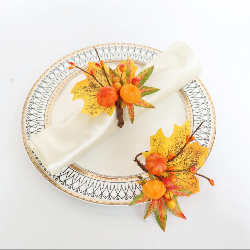 Набор двойных колец для салфеток с тыквами и кленовыми листьями, осенний декор для стола на День благодарения, с искусственным венком для званого ужина на Хэллоуин