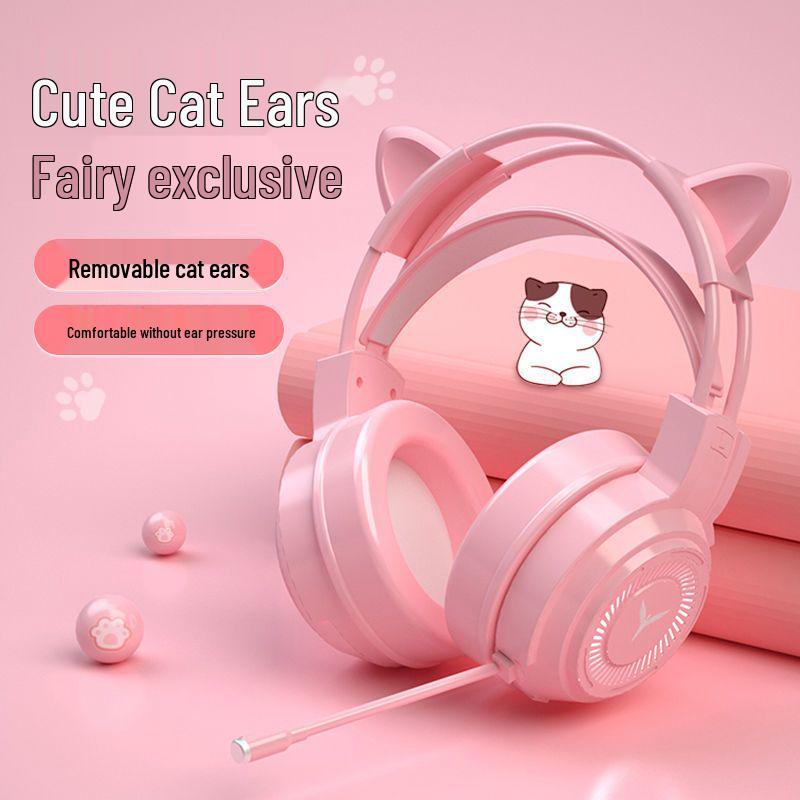 Pink Cat Ear Over-Ear Wired Headphones for Gaming and Esports - Cute Girly Design with Heart Accent.