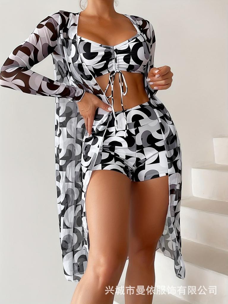 Купальник женский раздельный из трех частей с высокой талией и длинными рукавами интернет-знаменитость костюм блузка сексуальное бикини