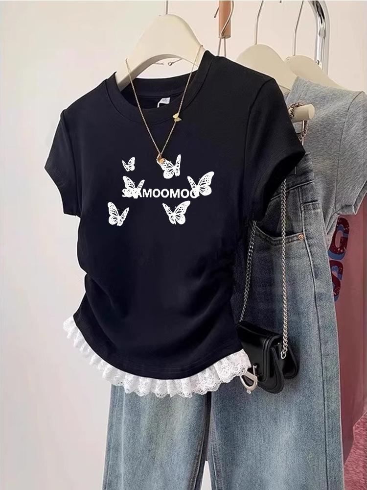 Summer American retro butterfly print design high-end short-sleeved T-shirt women's waist pleated lace top