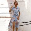 Women's Summer Ethnic Printed Short Sleeve High Waist A Line Lace Up Dress