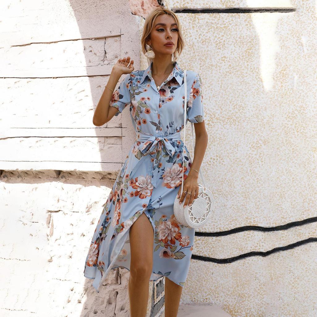 Women's Summer Ethnic Printed Short Sleeve High Waist A Line Lace Up Dress