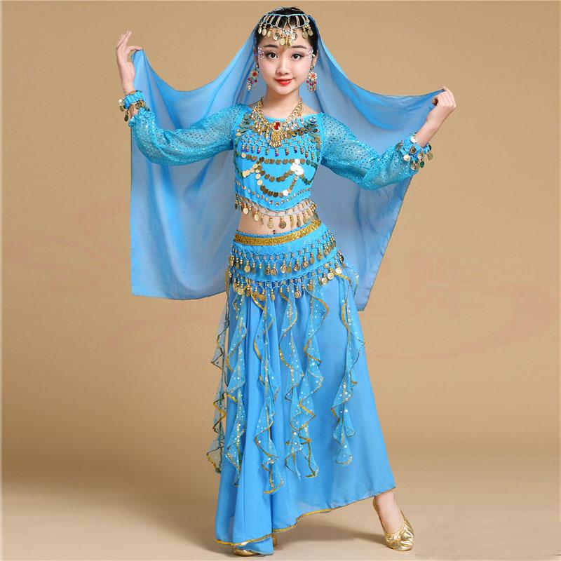 Girls Tulle Indian Belly Dance Clothing Children Performance Costume Tops+Skirt+Waist Chain + Headwear+(Bracelet 2pcs)+Necklace Dance Suit