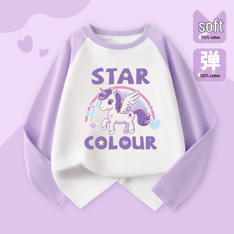 2025 Милая мультяшная футболка с длинным рукавом реглан в цветной блок для девочек