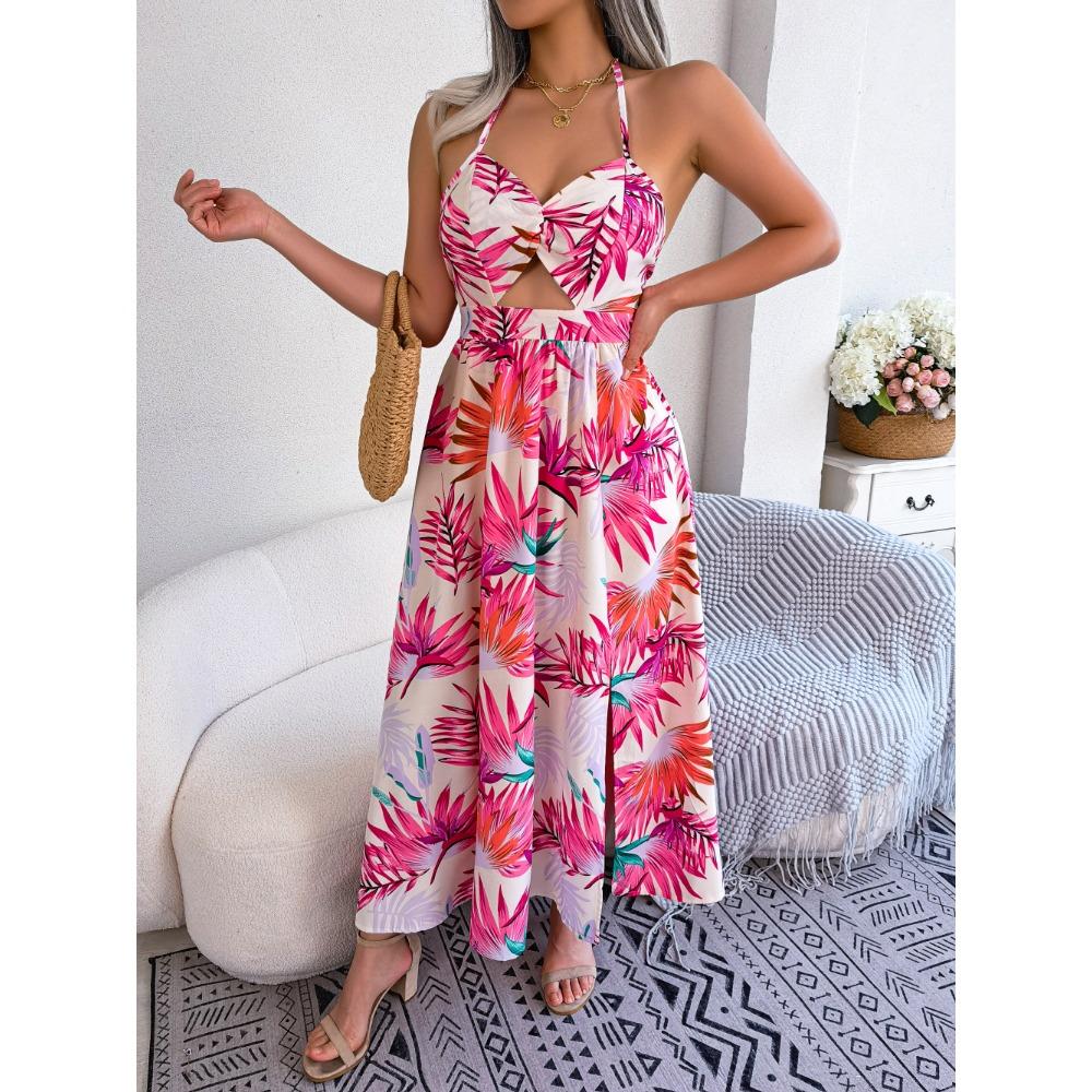 Spring and Summer Floral Sleeveless Hollow Out Halter Long Holiday Beach Dresses for Women