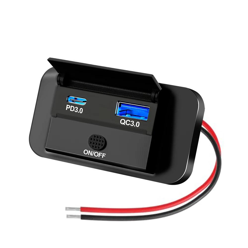 12V RV Type C USB Outlet with Power Switch 36W QC3.0 USB 55W PD Type C Quick Charge Socket with Waterproof Cover for Motorcycle