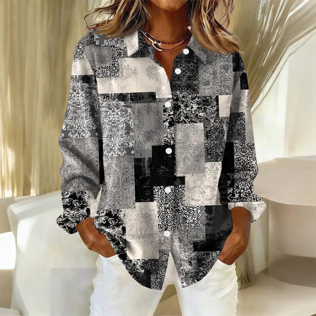 Женская рубашка с пуговицами с цветочным принтом, повседневная рубашка с длинными рукавами, блузки, повседневные базовые топы больших размеров